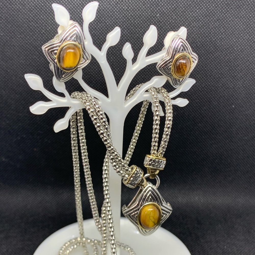 Vintage Tiger Stone Necklace w/ Clip on Earrings